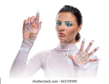 Future technology Virtual Holographic interface. Hi-tech Girl touching screen. Business Young lady working with virtual Graphics in futuristic office.Image isolated on white background.