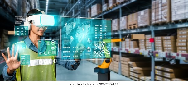 Future virtual reality technology for innovative VR warehouse management . Concept of smart technology for industrial revolution and automated logistic control . - Shutterstock ID 2052239477