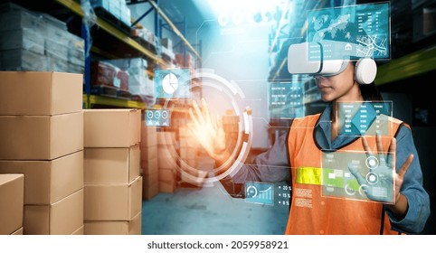 Future Virtual Reality Technology For Innovative VR Warehouse Management . Concept Of Smart Technology For Industrial Revolution And Automated Logistic Control .