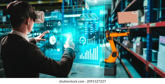 Future Virtual Reality Technology For Innovative VR Warehouse Management . Concept Of Smart Technology For Industrial Revolution And Automated Logistic Control .