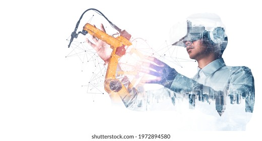 Future VR Technology For Mechanized Industry Robot Arm Control . Concept Of Robotics Technology For Industrial Revolution And Automated Manufacturing Process .