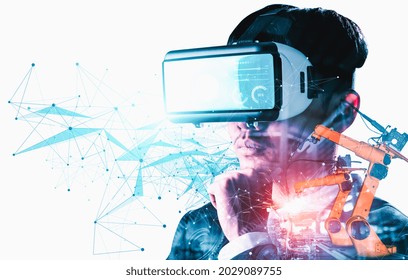 Future VR Technology For Mechanized Industry Robot Arm Control . Concept Of Robotics Technology For Industrial Revolution And Automated Manufacturing Process .