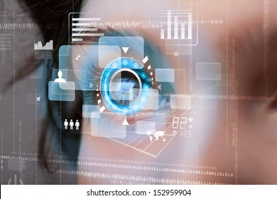 Future woman with cyber technology eye panel concept