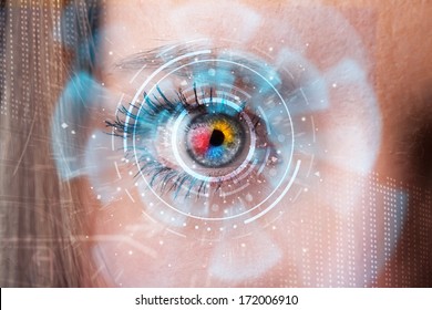 Future woman with cyber technology eye panel concept Foto Stock