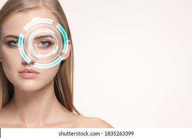 Future Woman With Cyber Technology Eye Panel, Cyberspace Interface, Ophthalmology Concept. Beautiful Female Eye With Modern Identification Tech, Medical Treatment For Eyes, Focus. Copyspace.