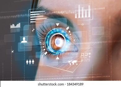 Future woman with cyber technology eye panel concept