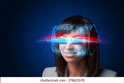 Future woman with high tech smart glasses concept