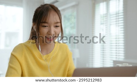 Future of workforce work hybrid anywhere workplace for Gen Z AI tech talent. Young adult asia people sit video call talk learn online telework or study MBA class at home happy smile digital nomad job.