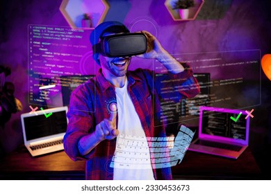 Futurism template collage of geek nerd engineer using gadget software optimization writing code for private net security - Powered by Shutterstock