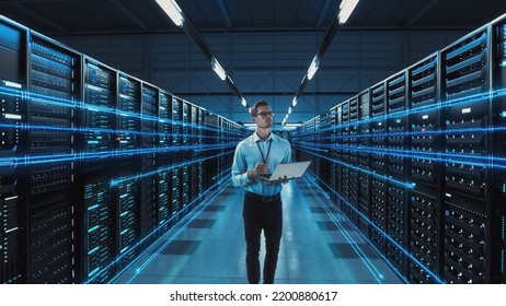 Futuristic 3D Concept: Big Data Center Chief Technology Officer Using Laptop Standing In Warehouse, Information Digitalization Lines Streaming Through Servers. SAAS, Cloud Computing, Web Service