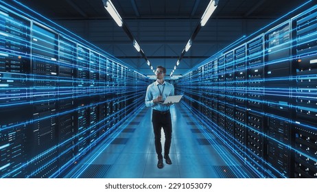 Futuristic 3D Concept: Big Data Center Chief Technology Officer Using Laptop Standing In Warehouse, Information Digitalization Lines Streaming Through Servers. SAAS, Cloud Computing, Online Service