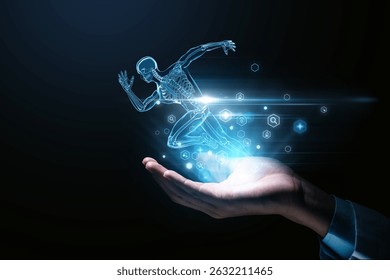 Futuristic 3D hologram of a running human skeleton above a hand, representing sports science, motion analysis, and biomechanics.