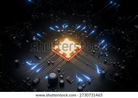 Futuristic 3D render of a glowing gold CPU processor on a black motherboard. Bright orange light radiates from central chip with blue neon data trails, representing quantum computing and high-tech.