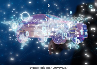 A futuristic 3D rendering of a car with binary code