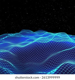 Futuristic 3D wireframe terrain made of glowing blue lines set against a star-filled night sky. Conceptual digital landscape representing data flow or virtual environment. - Powered by Shutterstock - Get 15% off with code: PIKWIZARD15