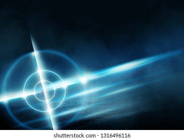 Futuristic abstract background. Empty room background, concrete. Neon blue light smoke. Laser lines, laser target in the center of the room.