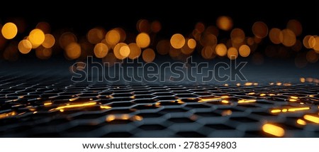 A futuristic abstract background featuring a dark hexagonal grid with glowing orange lights and a soft bokeh effect in the background.