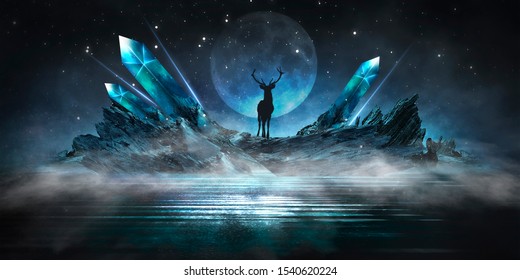 Futuristic Abstract Landscape, Night View, Neon Blue Light. Deer On Top, Big Moon. Dark Scene Of Night Landscape, Smog.