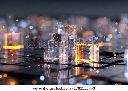 A futuristic abstract scene featuring transparent cubes arranged on a digital network grid, illuminated by glowing orange and blue lights, with bokeh effects.