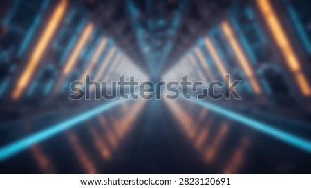 A futuristic abstract tunnel with geometric patterns and glowing neon lights in blue and orange.