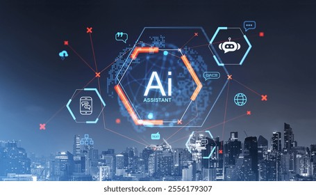 Futuristic AI assistant hologram over night city skyline, featuring digital icons and hexagon shapes, symbolizing technology and robotics innovation