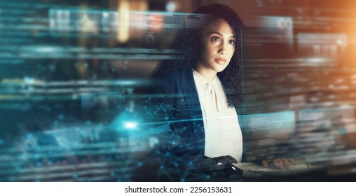 Futuristic, AI and business woman, cyber data and connectivity, iot overlay and technology innovation. Digital transformation, tech analytics and mockup space, web dashboard and internet holographic - Powered by Shutterstock