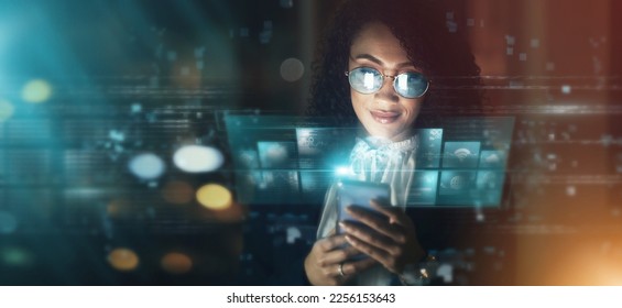 Futuristic, AI and business woman, smartphone and connectivity, cyber data overlay and technology innovation. Digital transformation, mockup space and tech analytics, dashboard and internet hologram - Powered by Shutterstock