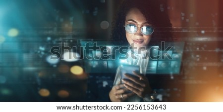 Futuristic, AI and business woman, smartphone and connectivity, cyber data overlay and technology innovation. Digital transformation, mockup space and tech analytics, dashboard and internet hologram