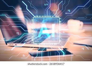 Futuristic AI chip with glowing circuits over a laptop on a blurred background, light digital design concept of artificial intelligence and innovation