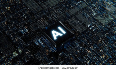 Futuristic AI Chip on a Digital Circuit Board – Artificial Intelligence and Technology Concept