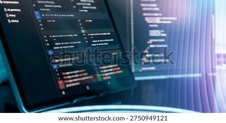 Futuristic AI Coding Interface with Abstract Light Trails and Programming Code on Screens