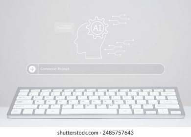 Futuristic AI concept with digital interface, depicting artificial intelligence integration through a virtual search bar and keyboard. - Powered by Shutterstock - Get 15% off with code: PIKWIZARD15