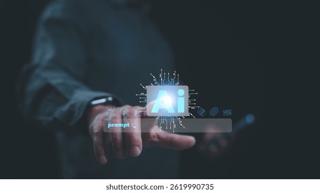 Futuristic Ai Concept Human Hand Interacting With Glowing Ai Graphic Circuit Board Interface, Prompting Artificial Intelligence To Process Data And Information Visualizing Ai Research