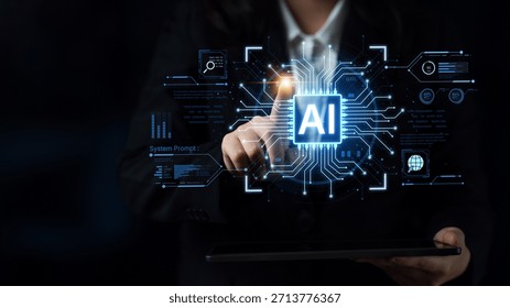 A futuristic AI core processor and system analytics dashboard. This concept highlights the raw processing power of AI for deep data analysis, system diagnostics, and global network monitoring. Parse