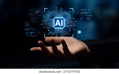 A futuristic AI core processor and system analytics dashboard. This concept highlights the raw processing power of AI for deep data analysis, system diagnostics, and global network monitoring. Parse