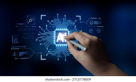 A futuristic AI core processor and system analytics dashboard. This concept highlights the raw processing power of AI for deep data analysis, system diagnostics, and global network monitoring. Parse