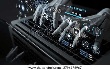 Futuristic AI Data Analysis Concept with Robotic Hands Interacting with Digital Interface on Laptop Displaying Loading Progress