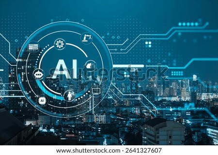 Futuristic AI digital interface with icons over modern city skyline at night, blue light style on urban background, concept of artificial intelligence