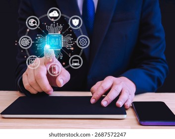 Futuristic AI Interaction: A Man Using Artificial Intelligence Technology to Communicate with a Smart Robot Through a Glowing Command Interface, Symbolizing the Next Era of Digital Transformation.