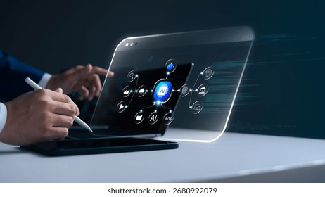 Futuristic AI interface concept with chatbot and automation. Businessman using digital tablet working with artificial intelligence for future business growth, AI innovation and digital transformation.