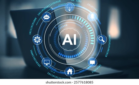 Futuristic AI interface with digital icons and binary codes displayed on a laptop screen in dark cyberspace, symbolizing technology concepts
