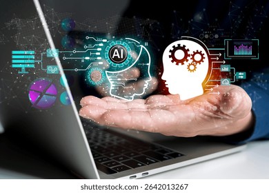 Futuristic AI interface with human head symbol, technology connection, data charts, and digital brain concept, representing innovation and artificial intelligence integration in tech business