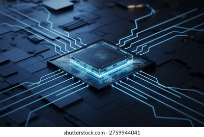 Futuristic AI Microchip Processor with Glowing Circuit Network Technology Background
