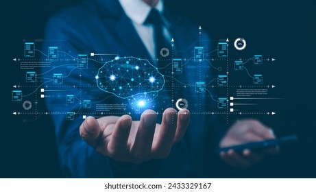 Futuristic AI neural network interface, symbolizing cutting-edge data management and smart technology. Businessman show the brain working of Artificial Intelligence Automation, Machine Learning.