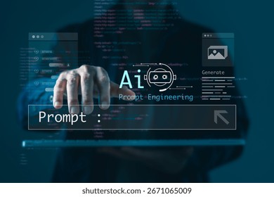 Futuristic AI prompt engineering interface showing a man interacting with digital screen, ideal for tech, machine learning, automation, and human-computer interaction concepts