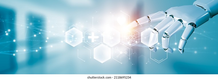 Futuristic AI robot hand assistant technology, artificial intelligence help with operation doctor and patient, virtual simulation of graphical medical healthcare icon,hospital blue banner background - Shutterstock ID 2118695234