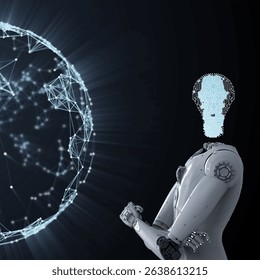 Futuristic AI robot interacting with a digital Earth model and circuit-based lightbulb symbolizing innovation, intelligence, and machine learning. Concept of artificial intelligence, deep learning, sm
