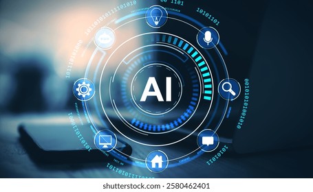 Futuristic AI symbol in a glowing circular interface with icons and binary code, displayed on a blurred desktop with a smartphone