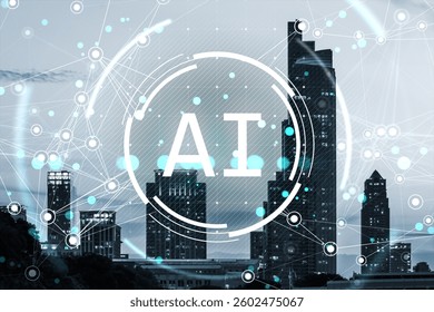 Futuristic AI symbol with glowing digital network connections over a modern city skyline. Blue neon light elements highlight virtual data technology