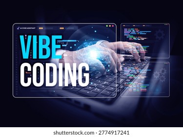 Futuristic AI vibe coding with digital brain overlay and coding interface on laptop keyboard typing hands - Powered by Shutterstock - Get 15% off with code: PIKWIZARD15